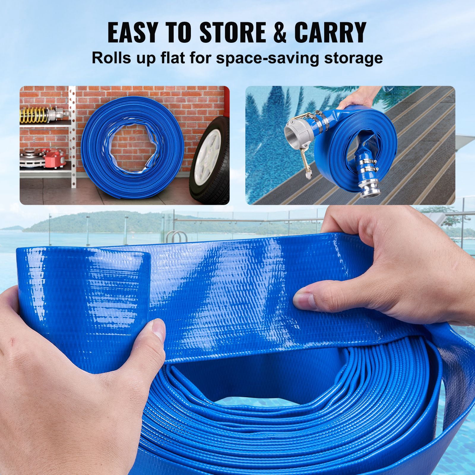 Pool Drain Hose, 2 inch by 50 ft, Durable PVC Material, Includes Aluminum Camlock C & E Connectors and Clamps, Fits Pumps and Sand Filters, Ideal for Pool Water Removal, Blue