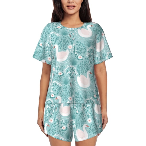Balery Swan And Flowers4 Conjunto de Pijama para Mujer con Estampado, Dos Piezas de Manga Corta y Shorts, Ropa de Dormir Suave con Cuello Redondo y Bolsillos-Medium