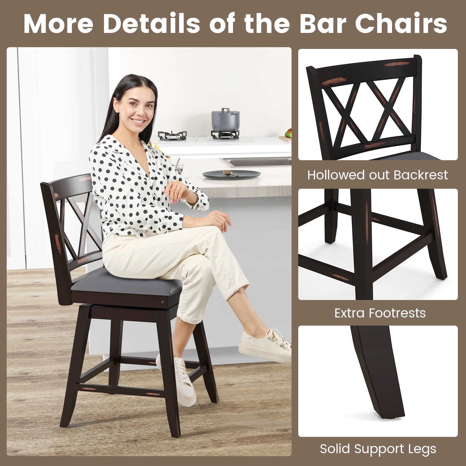 Costway 24" Bar Stools Set of 4 with Ergonomic Backrest Rubber Wood Legs Swivel Height Chairs Black, Gray