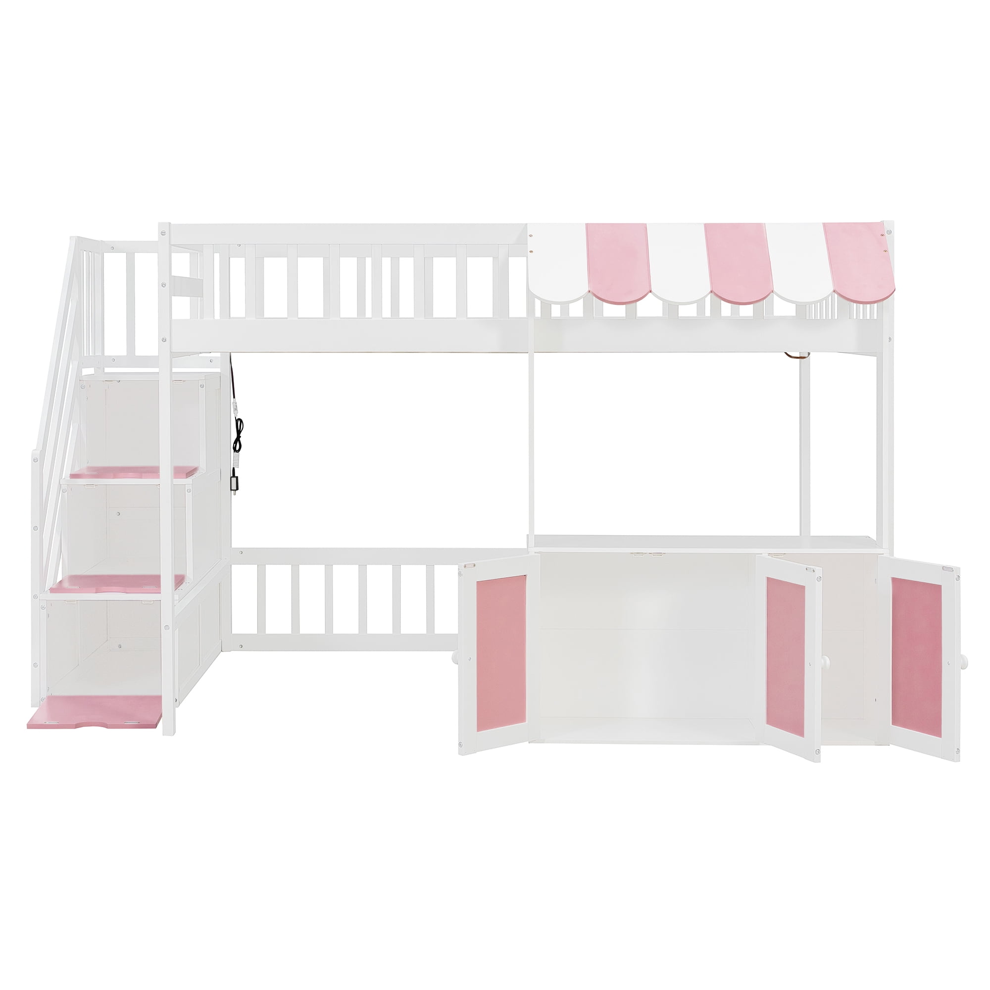 Mintazer Full Size Loft Bed with Play Storefront & LED Lights, Kids Loft Bed with Guardrail and Storage Staircase & Cabinet for Bedroom, White & Pink