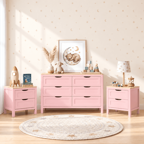Treocho 3-Piece Bedroom Set, 6 Drawer Dresser & 2 Nightstands, Bedroom Storage, Pink