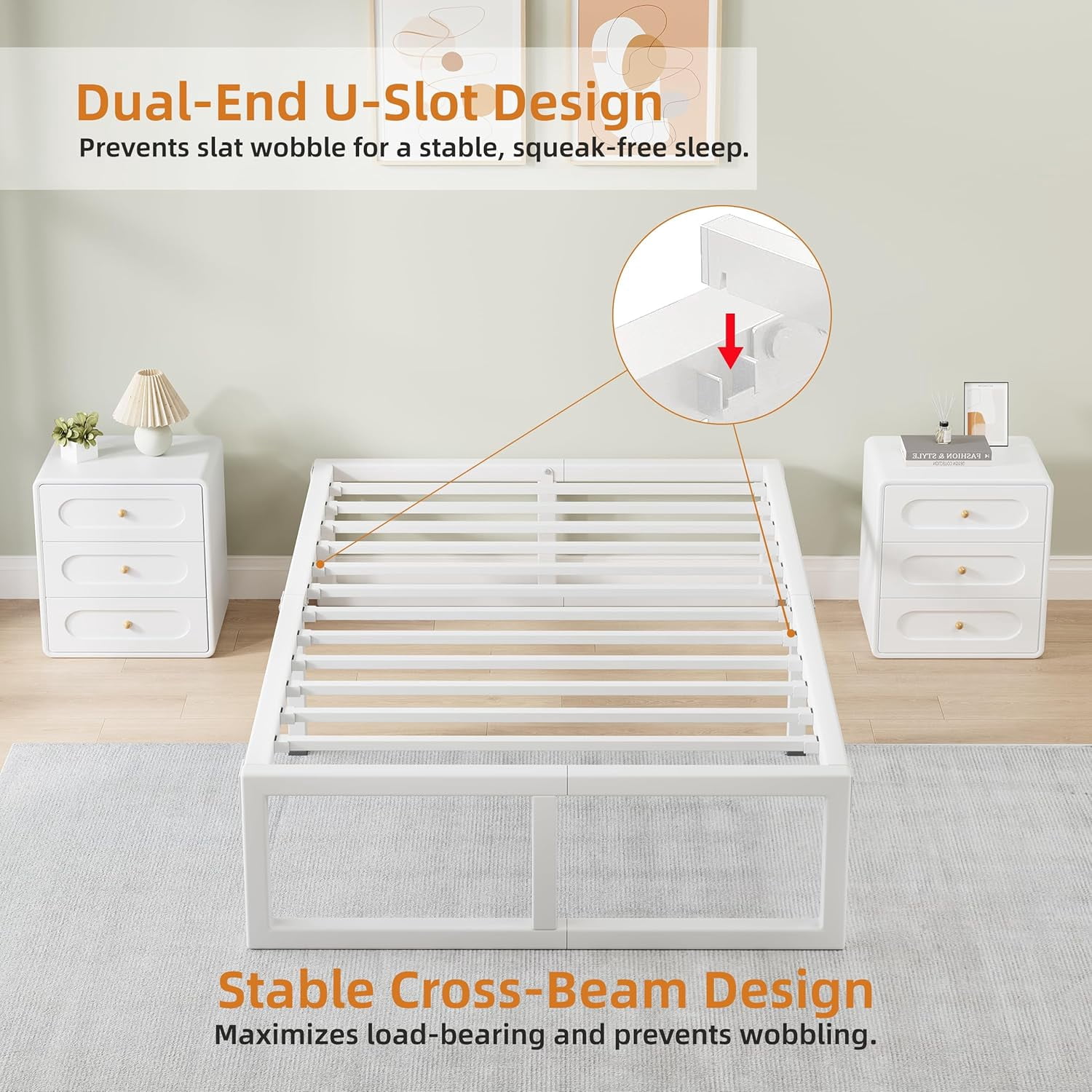 18-Inch White King Size Metal Platform Bed Frame with Squeak-Free U-Slot Design, 3500 lbs Capacity, Under Bed Storage, No Box Spring Needed
