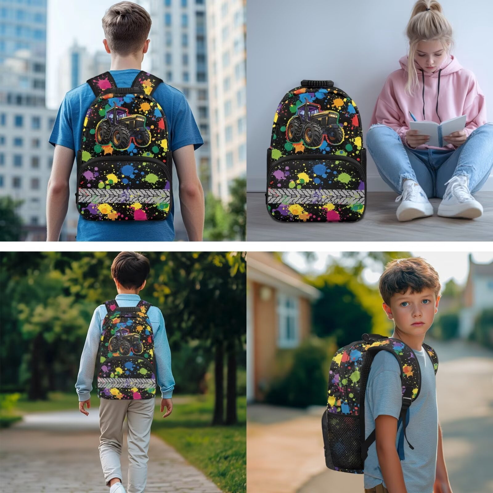 Pzuqiu Black Tractor Kids Backpack 4 Piece School Back Pack Set with Lunch Box Pencil Case 2pcs Bookmark for Girls Backpack for Middle School Backpacks 17 Inch Schoolbag