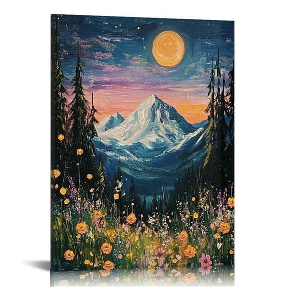 Moon Canvas Wall Art,Vintage Poster,Wildflowers and Woodland Art Print,Nature,Flowers Trees Pictures Wall Decor for Living Room Bedroom