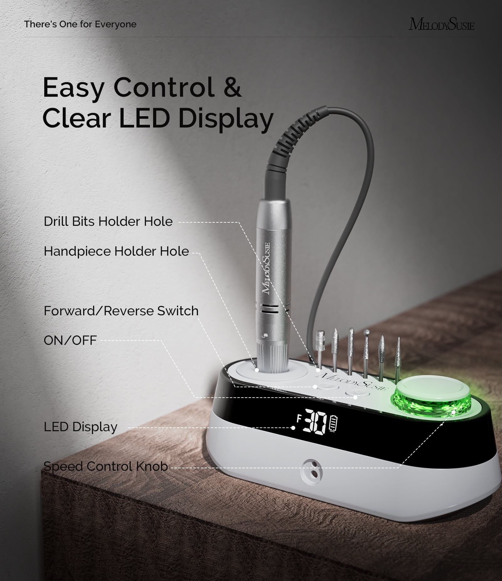 MelodySusie Cordless Desktop Nail Drill,30000RPM SC320A Electric Nail File Kit with LED Display for Acrylic & Gel Nails Removal, Salon & Home Use