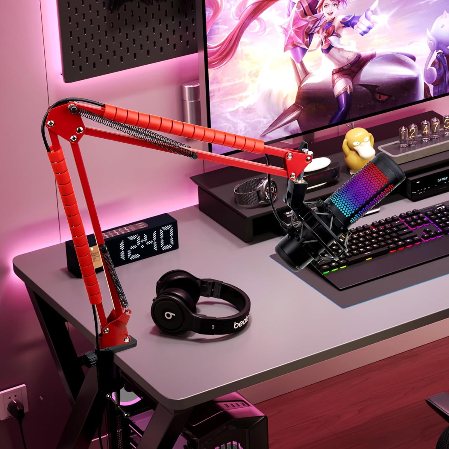 SUNMON Boom Arm Compatible with HyperX Quadcast Microphone, Quadcast Boom Arm with Adapter and 2 Cable Sleeve for Gaming, Streaming（Red）