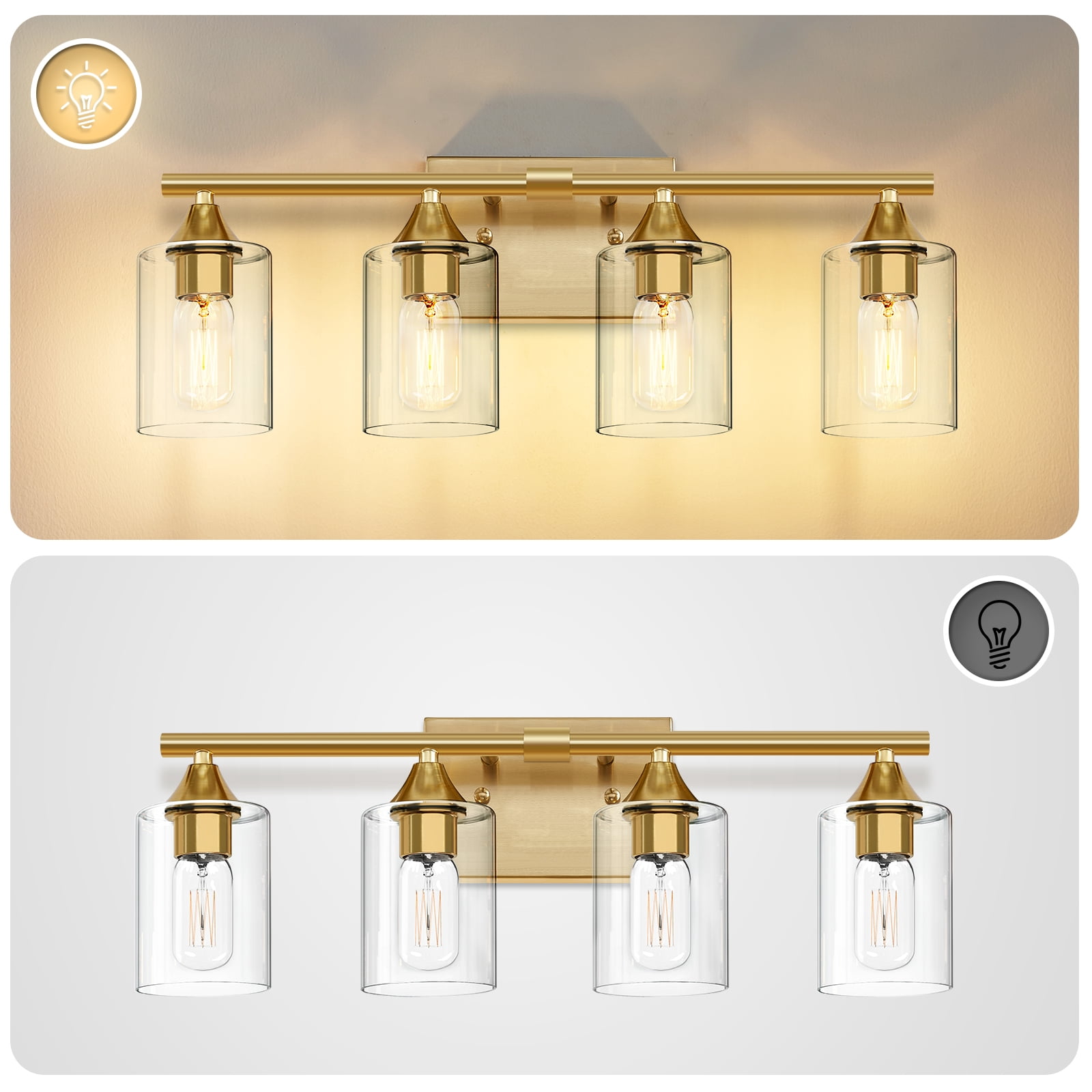 Bathroom Vanity Light 4 Light, Brushed Gold Metal with Clear Glass Shade for Bathroom Dressing Room, No Bulbs Included
