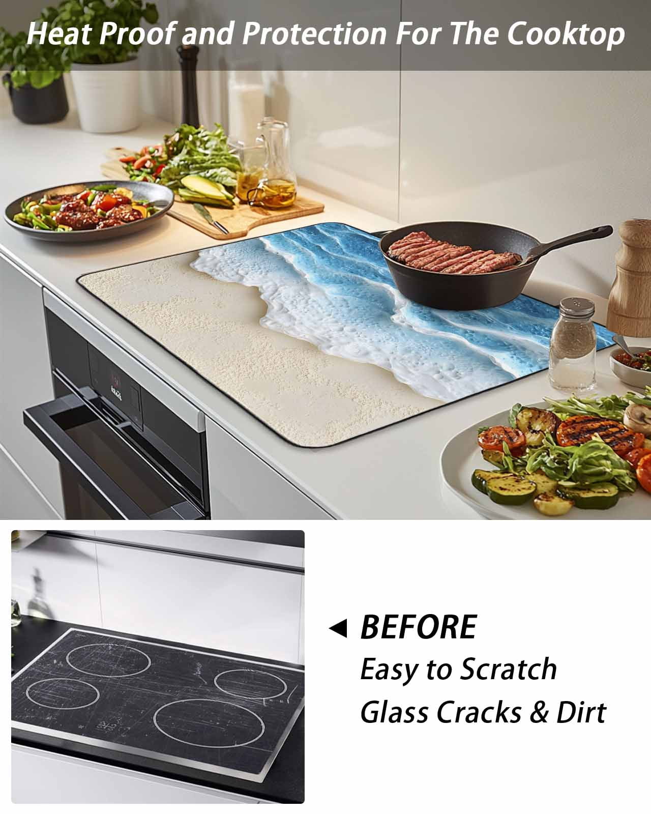 Abstract Beach Wave Stove Top Covers for Electric Stove, 28'x20'' Watercolor Blue Ocean Decor Glass Ceramic Stove Cover Foldable Rubber Mat Heat Resistant Cooktop Protector for Kitchen