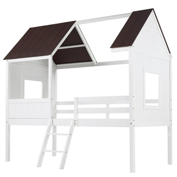 EDX Twin Size High-legged Wood House Bed with Roof,Ladder,for Bedroom, White