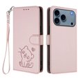 thumbnail image 2 of Wallet Leather Case For iPhone 17 Pro 6.3",with Card Holder,wristband, Shockproof Kickstand Embossed Love Cat Phone Case,Pink,For iPhone 17 Pro, 2 of 8