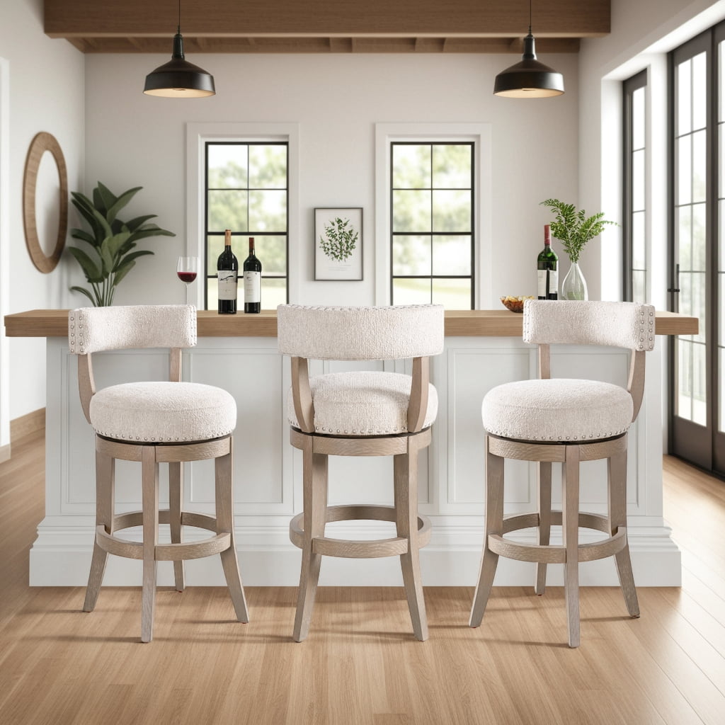 Mystic Solid Wood Upholstered 30" Bar Height Swivel Barstool with Ancient Stone Fabric Seat - Set of 2