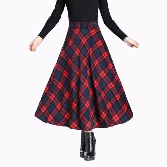 Ediodpoh Plaid Skirts for Women Wool Skirt Elastic Waist A Line Pleated Tartan Long Maxi Skirt for Autumn and Winter Warm Wear Women's Skirts Red S
