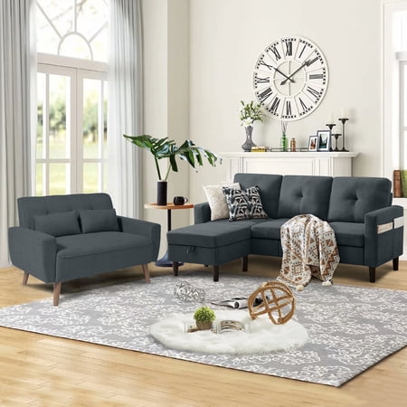 Pingliang Home Furniture Set,Convertible Sectional Sofa Couch with Storage Ottoman and Loveseat, Modern L Shaped 3 Seat Couch Sofa with Side Storage Pockets for Living Room Apartment Office Studio