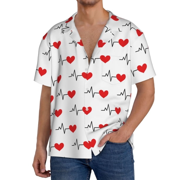 Fotbe Heartbeat Symbol Camisa Estampada de Manga Corta para Hombre, Casual de Verano, Estilo Playero, Sin Arrugas-Large