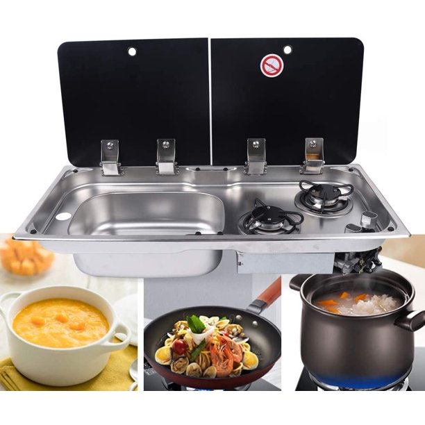 2 Burner RV Gas Stove and Sink Comb Heating Plate Countertop Cooktop Glass Hob Stove With Glass