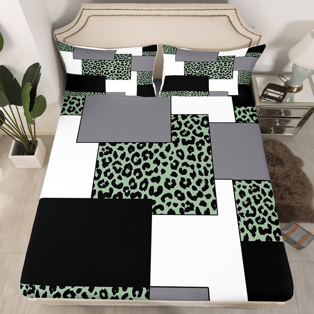 YST Modern Full Bed Sheets,Mid Century Striped Fitted Sheet for Girls Women,Abstract Leopard Pattern Bed Set,Retro Bedding Set with 2 Pillowcases Wrinkle Free,no Top Sheet(No Top Sheet)