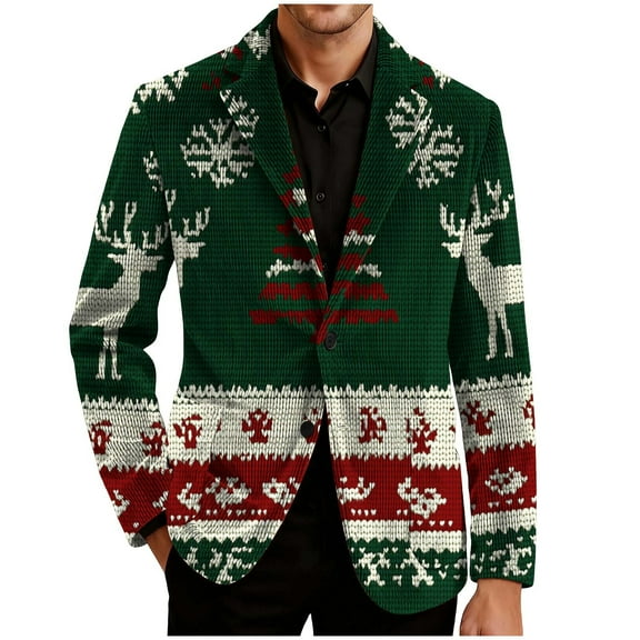 hlysgo Men's Vintage Christmas Blazer Casual Snowflake Reindeer Graphic Single Breasted Corduroy Suit Jacket Winter Holiday Party Blazer Green XXXL