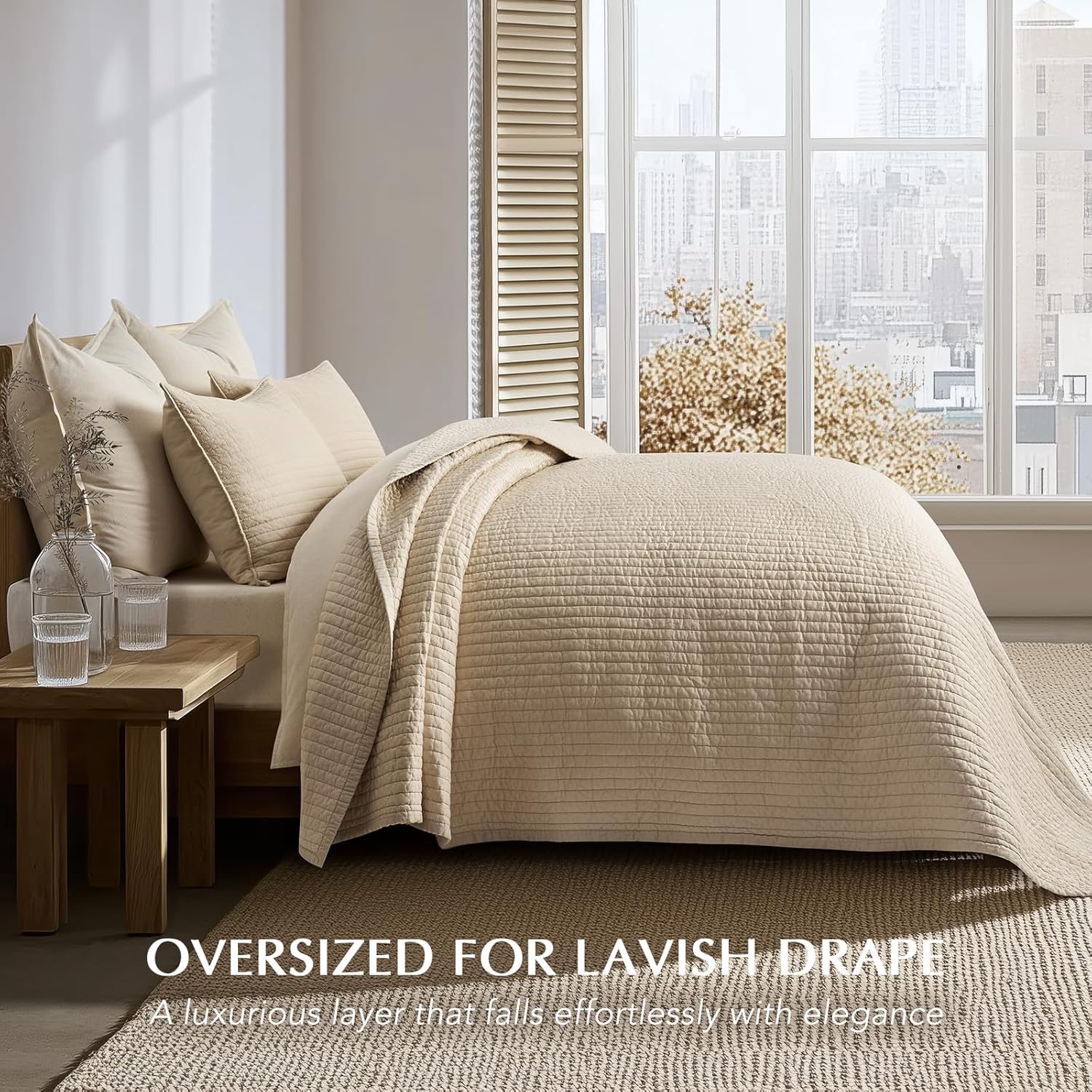 EVERGRACE Cotton Sateen Quilt Set Queen Size, Pre-Washed Cotton Channel Stitch Coverlet Bedspread, 3 Pieces Lightweight Soft Bedding Sets for All Season, with 2 Pillow Shams, Light Sand
