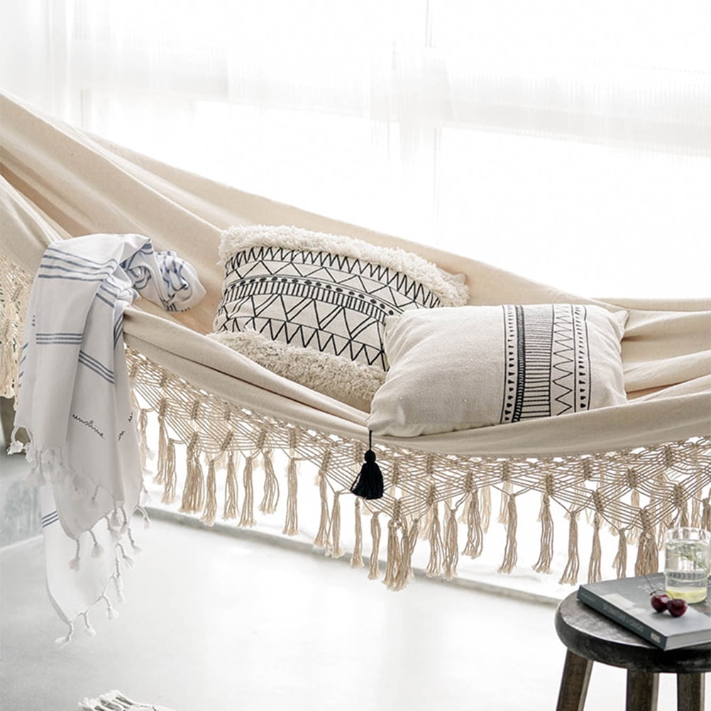 OUNONA Beige Double Camping Hammock Lightweight Canvas Swing Bed Outdoor Relaxation Sleeping Gear