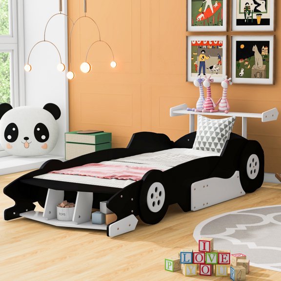 Red Twin Race Car Platform Bed (Pine Wood Plywood – Side Safety Rails, Wheels, Sturdy Slat Support)