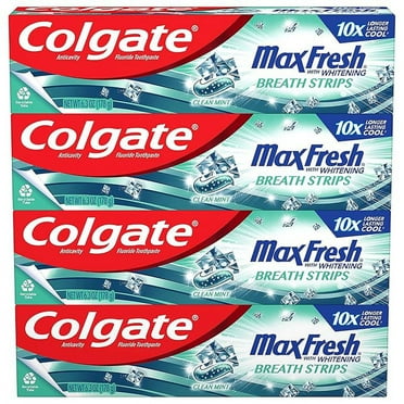 Colgate Max Fresh Whitening Toothpaste with Mini Strips, Clean Mint Toothpaste for Bad Breath, Helps Fight Cavities, Whitens Teeth, and Freshens Breath, 6.3 Ounce (Pack of 4)