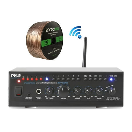 100 Watt Yamaha Receiver Pyle PTAUWIFI46 WiFi Bluetooth Stereo Amplifier 240-Watt Home Theatre Receiver, Enrock Audio Spool of 100 Foot 16-Gauge Speaker Wire ()