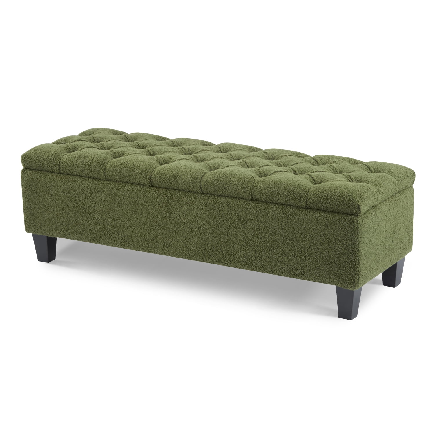 Lisonu Green Boucle Storage Ottoman Bench, Button-Tufted Diamond Stitching, 51.18in Lift-Top Upholstered Entryway & Living Room Bench with Soft Hinges, Rubberwood Legs, 300 lb