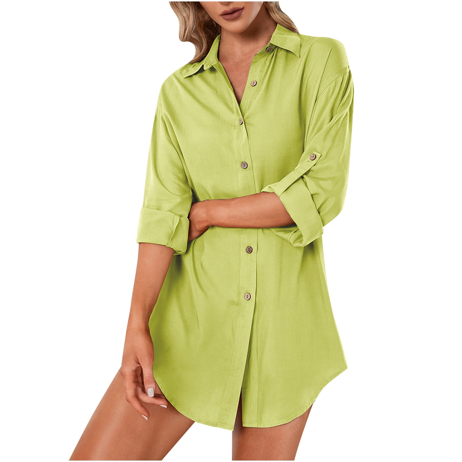 RYRJJ Women's Button Down Shirts Dress with Side Pockets RollUp Long