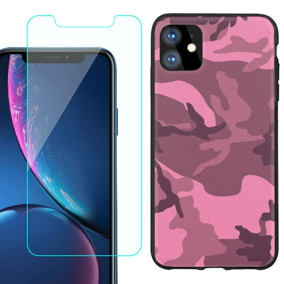 For Apple iPhone 11 Phone Case , Slim-Fit TPU Protective Case (Black), with Tempered Glass Screen Protector, by OneToughShield ® - Camo Pink