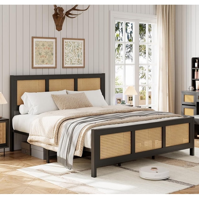 BeesClover Boho Rattan Queen Bed Frame with Headboard, Sturdy Metal Slats, Noise-Free, No Box Season Needed, Platform Design