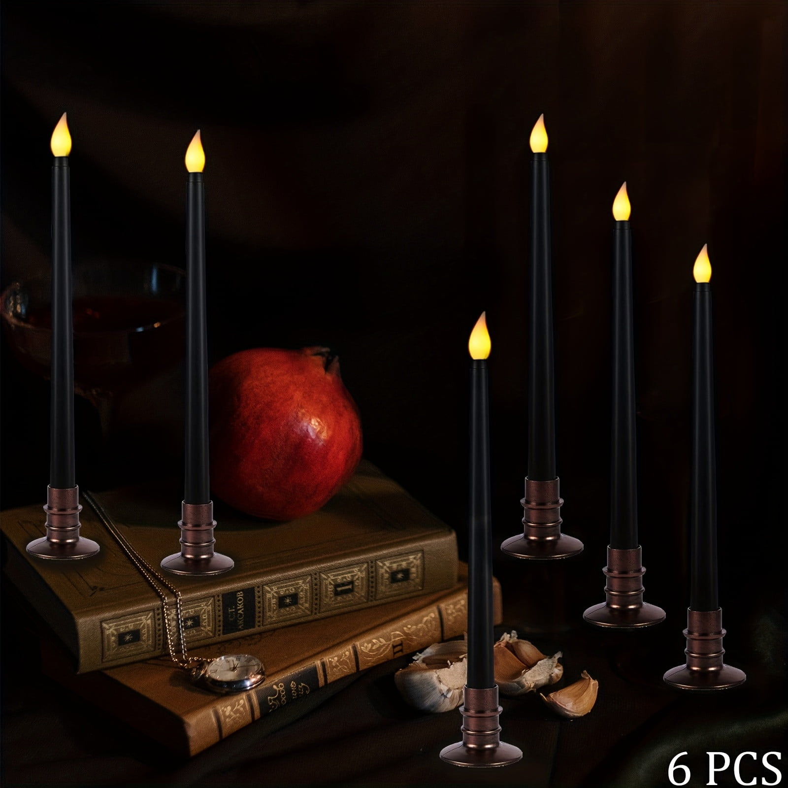 6 Pcs Flameless Tall Taper Candles With Base Battery Operated, Candle Light LED Plastic Flameless Candlesticks, Fake Candles Flickering Tapered Candles For Fireplace Dining table