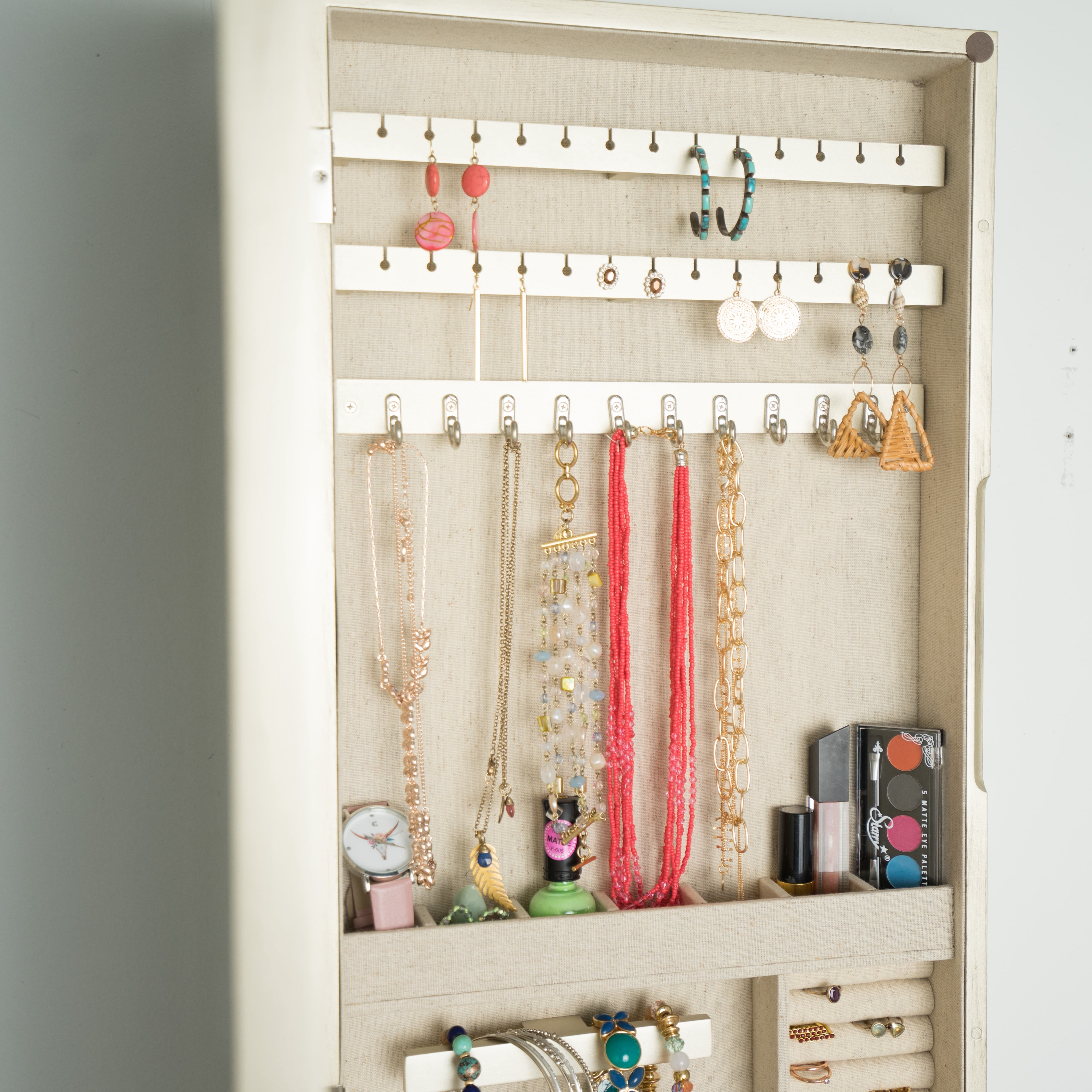 Hives & Honey Nicolette Adult Wall-Mounted Mirrored Jewelry Armoire - Gold, Transitional Style Wood Frame