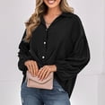 thumbnail image 2 of Sarapandan Long Sleeve Blouse Lapel Collar Button Down Crossed Hem Pure Color Loose Fit Women Shirt Top for Daily Work Travel Black XL, 2 of 6