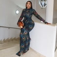 thumbnail image 3 of Women's Feathers Print Turtleneck Long Sleeve Hips Wrapped Long Dress, Slight Perspective, Sexy, 3 of 15