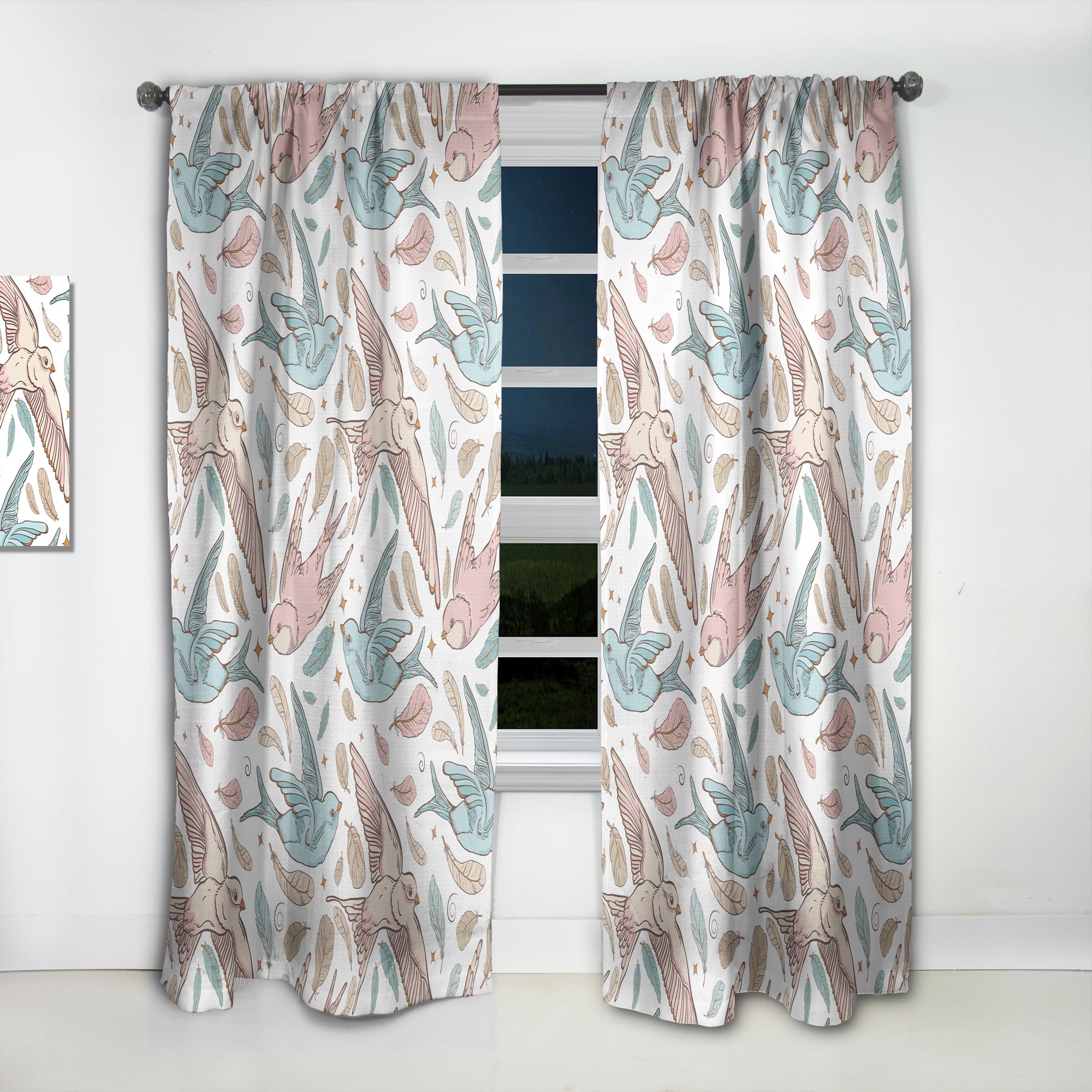 Designart 'Swallow Birds and Flowers With Pattern' Traditional White Sheer Curtain Panel