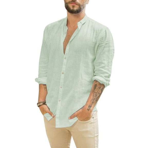 Casual Long Sleeve Shirts Mens Pure Color Linen Button Down Tops
