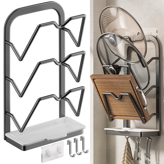 XIBUFE Pot Lid Organizer Rack - 3 Tier Pot Lids Holder No Drilling Adhesive Wall Mounted Lid Rack for Kitchen Cabinet Door Mounted Pot and Pan Covers Holder Rack, Black