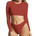 thumbnail image 4 of Birdeem Womens Solid Color Round Neck Long Sleeved Top Swimsuit Set Split Swimsuit Set, 4 of 9