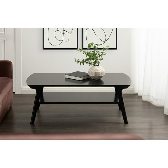 Kate and Laurel Louena Mid-Century Tiered Rectangle Coffee Table, 48 x 24 x 18, Black, Modern Two-Tier Rectangular Apartment Living Room Coffee Table with Storage and Sturdy Wooden Construction
