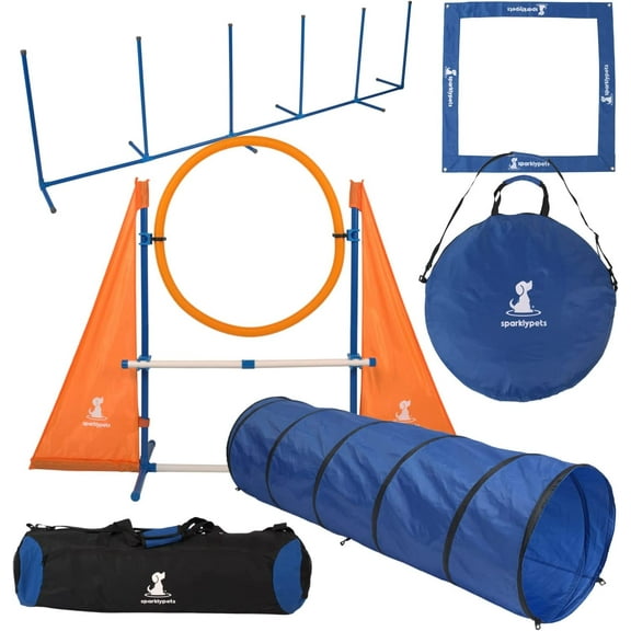 SparklyPets Dog Agility Training Equipment Set for Indoor & Outdoor – Complete Dog Agility Equipment for Dogs – Dog Agility Course with Weave Poles, Pause Box, Tunnel, Tire & Hurdle Jump (Essential)