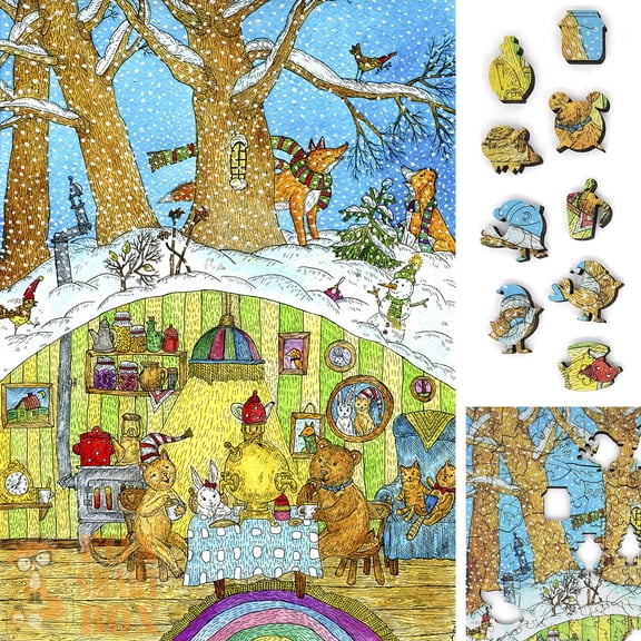 Wooden Jigsaw Puzzles for Adults - Uniquely Shaped Pieces - made in USA by FoxSmartBox - 195 Pieces - Visiting the Bear