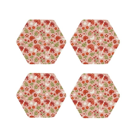 

Fuzoiu Dragonfly Mushroom Print Leather Coasters Set Drink Coasters Set of 4 for Tabletop Protection Durable PVC Coasters Home Décor and Housewarming Gift-Hexagon