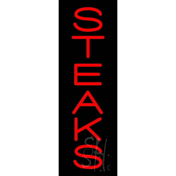 Red Vertical Steaks LED Neon Sign 24" Tall x 8" Wide, Clear Edge Cut Acrylic Backing, with Dimmer - Bright and Premium built indoor LED Neon Sign for restaurant window and interior decor.