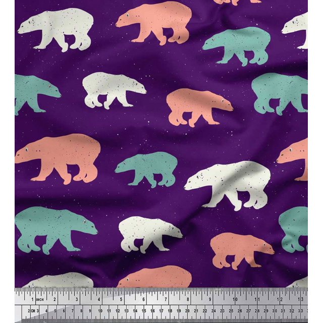 Soimoi Purple polyester Crepe Fabric Colorful Polar Bear Animal Print Sewing Fabric Yard 52 Inch Wide