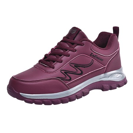 

On Running Shoes Women Fashion Autumn Women Sports Shoes Flat Non Slip Waterproof Lace Up Simple Texture Design Casual Style sneakers for Women PU Wine