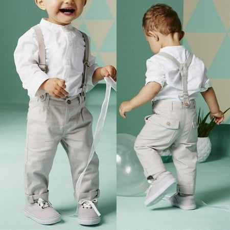 

Bullpiano 2-6Y Baby Boy Toddler White T-shirt Top Shirt +Bib Pants 2PCS Set Overall Outfit Clothes for Party Take Photo (As shown)