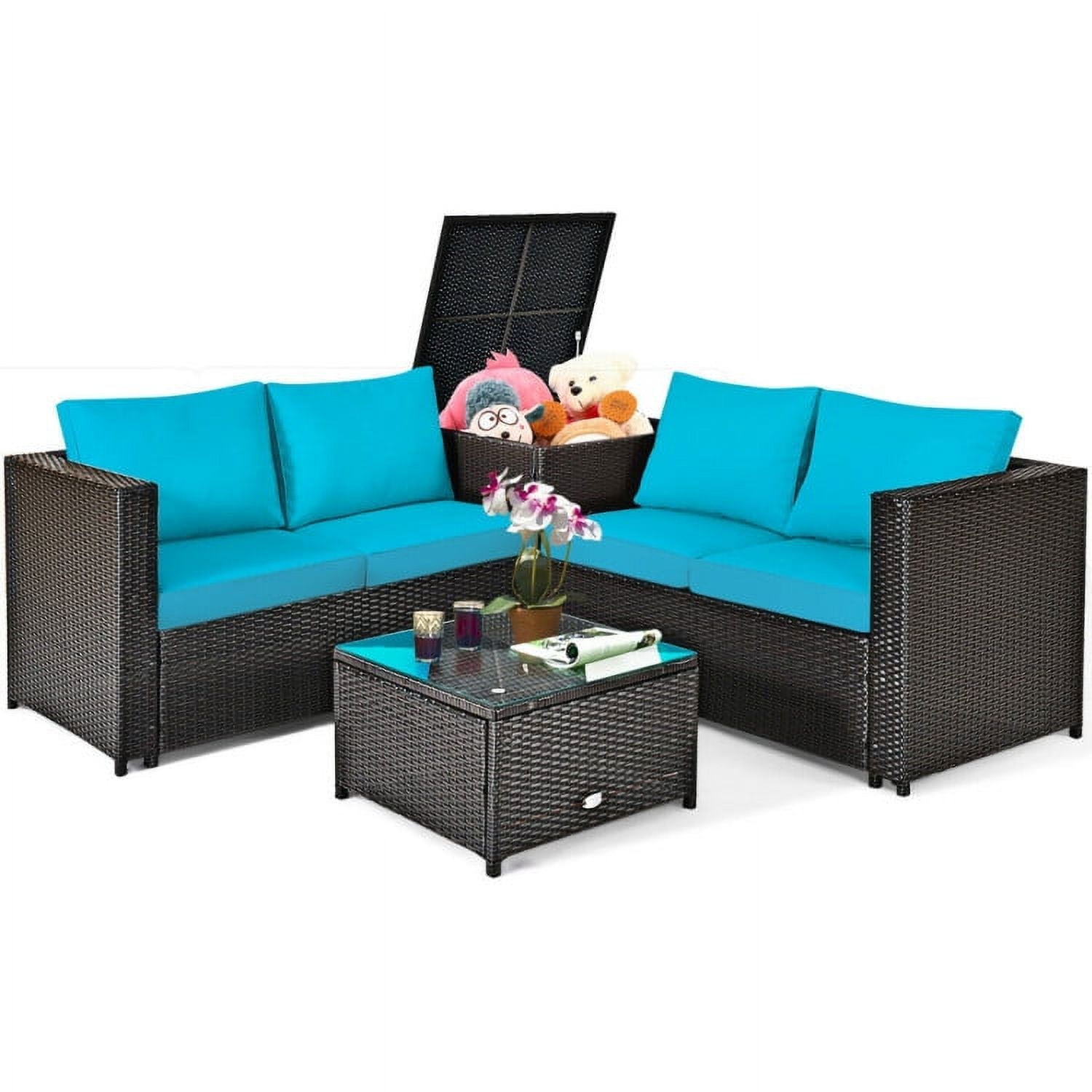 Aimee Lii 4 Pieces Outdoor Patio Rattan Furniture Set with Cushioned Loveseat and Storage Box, Outdoor Deck Furniture, Turquoise Aimee Lii 4 Pieces Outdoor Patio Rattan Furniture Set with Cushioned Loveseat and Storage Box, Outdoor Deck Furniture, Turquoise
