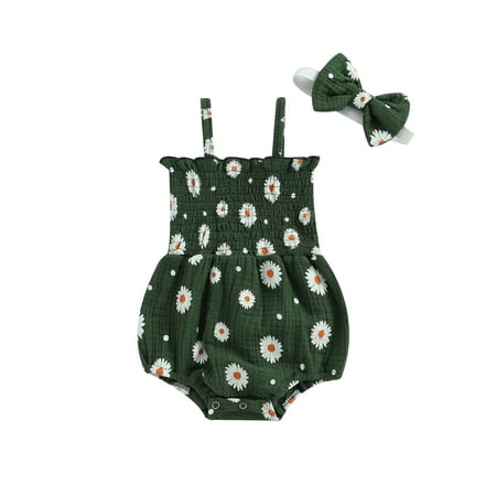 

Shuttle tree Baby Girls Daisy Playsuits Sleeveless Bodysuit+Headband Cotton Linen Romper Floral Jumpsuit Infant Summer Clothes