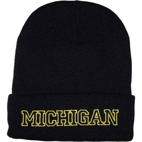 Michigan Cuffed Winter Knit Beanie Toboggan Hat (Dark Blue/Gold)