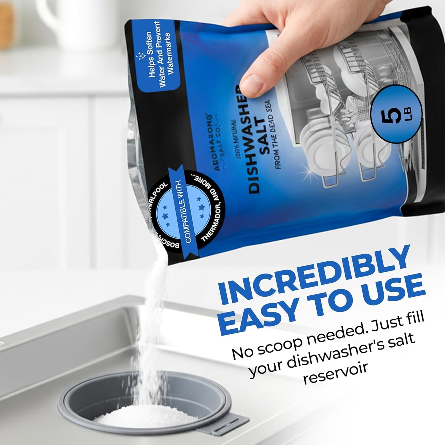 Aromasong Dishwasher Salt 5 lb - Natural Water Softener Salt for Cleaner Dishes and Spot-Free Finish